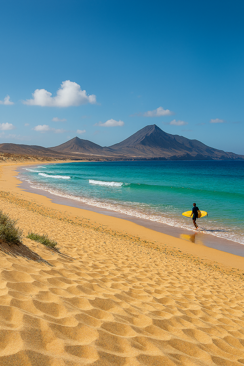 Fuerteventura beach and surfer